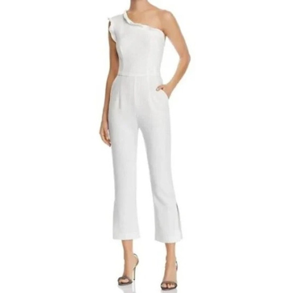 BLACK HALO Pravella Crepe One Shoulder Fitted Cropped Flare Jumpsuit White 2 - Picture 1 of 6